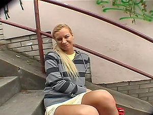 stonishing Blonde Teenage Shows Her Natural Tits And Hairless Vulva In Public