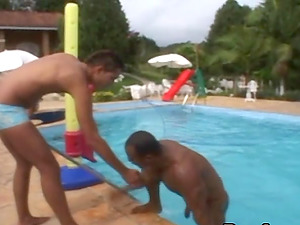 Horny homosexual duo love spunky banging on the poolside