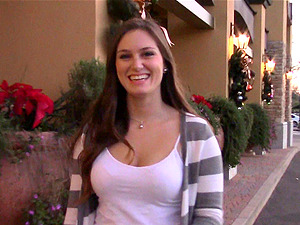 Public flashing excites the pretty lady with nice natural tits