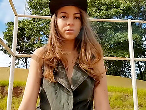 Hot fledgling chick masturbates outdoors in public skate park with her fake penis