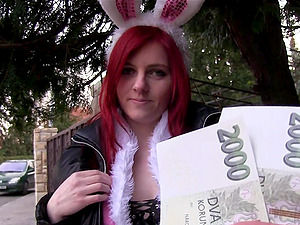 Shaved pussy redhead amateur Snow takes money for an outdoor fuck