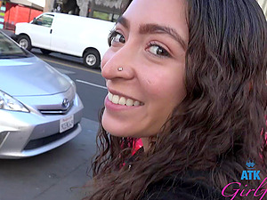 Brunette Amber Summer having fun with her BF outdoors in public